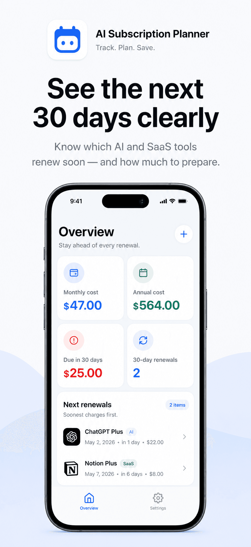 AI Subscription Planner next-30-days view for reviewing upcoming AI and SaaS renewal costs