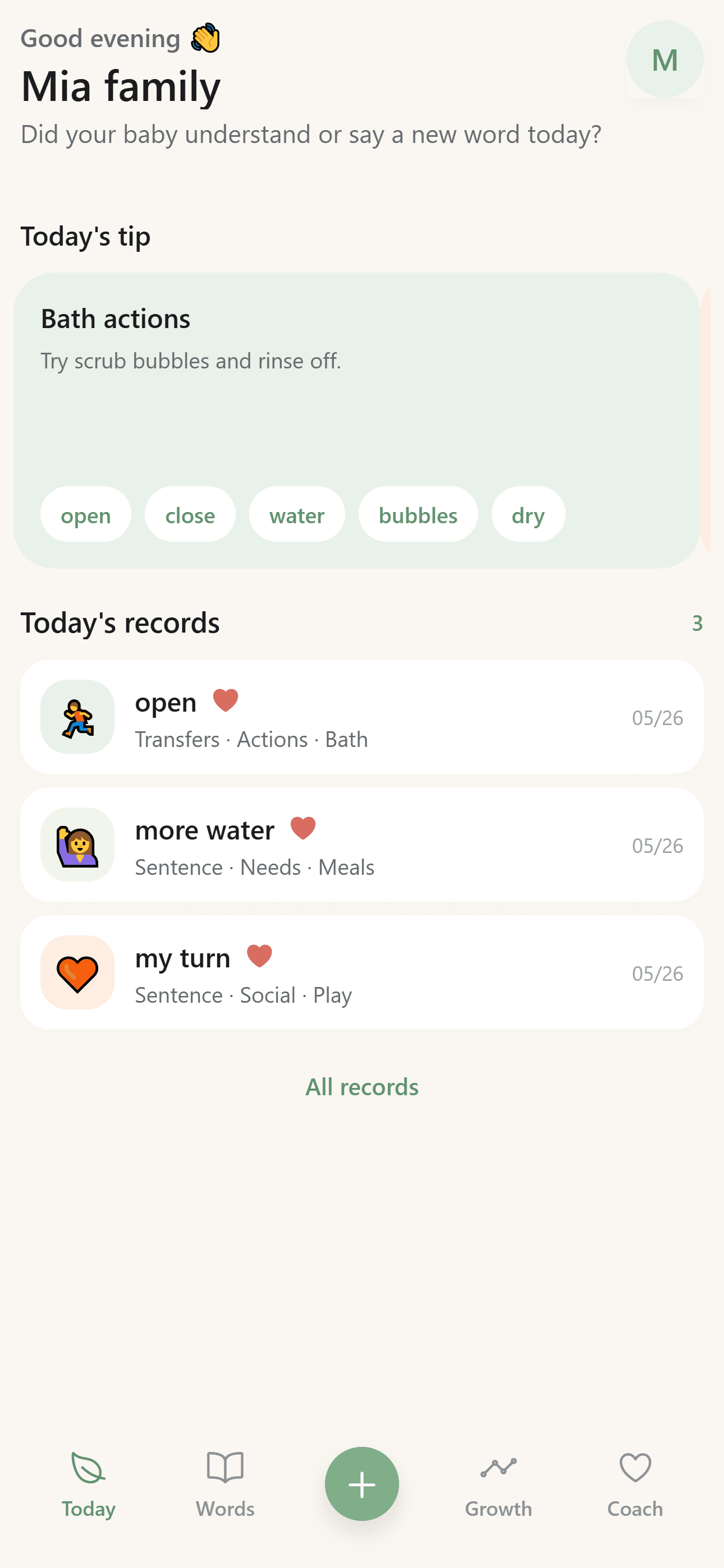 BabyTracker Today screen with a daily language prompt and recent baby word records