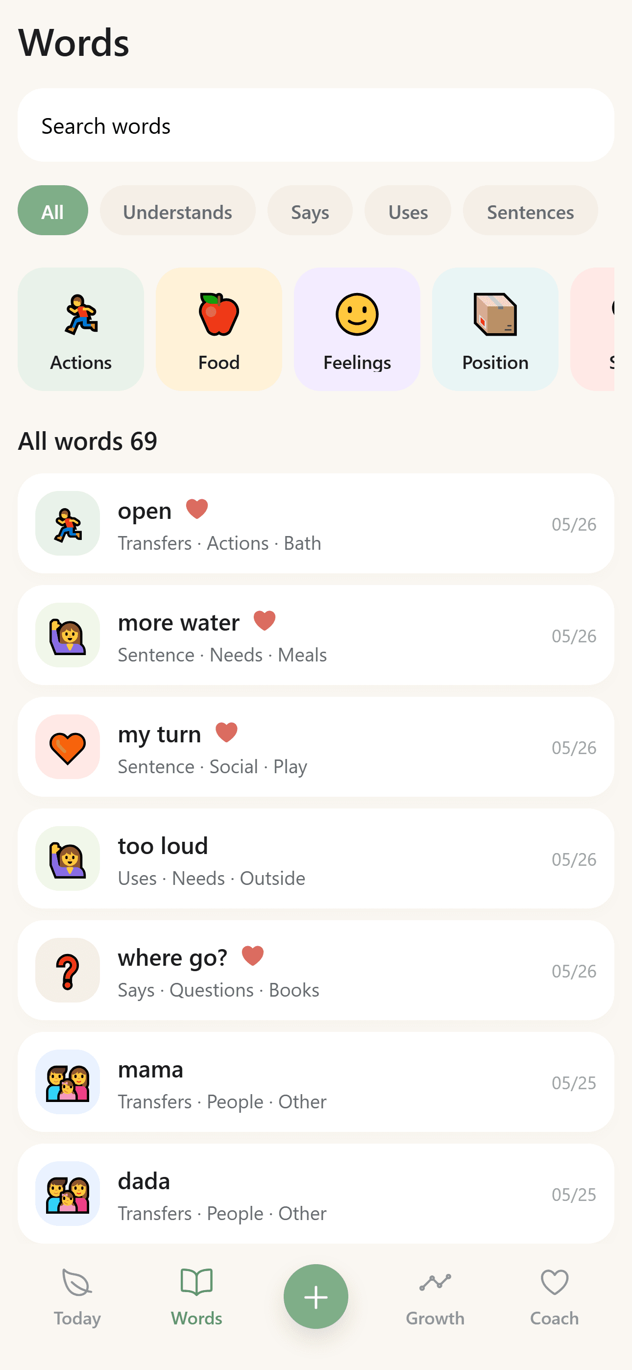 BabyTracker word library with stages, categories, search, and dated expressions