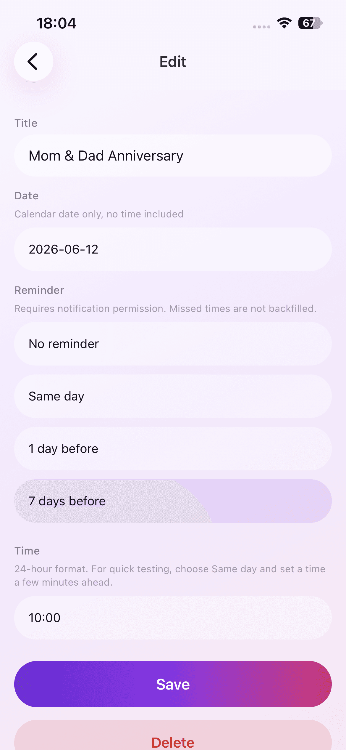 Date Countdown Lite edit screen for changing a saved event and reminder