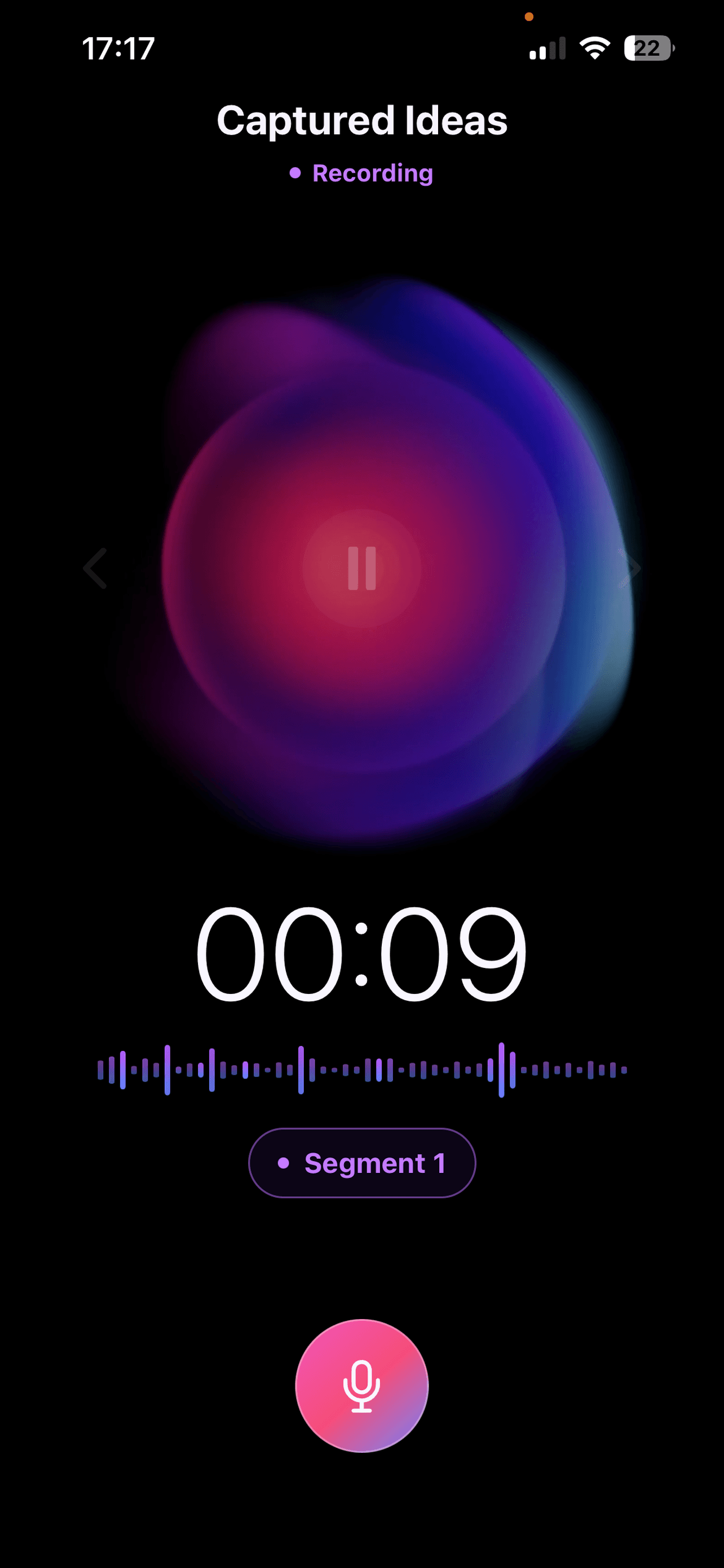 FlashBrief recording screen on iPhone with a saved voice segment and recording controls