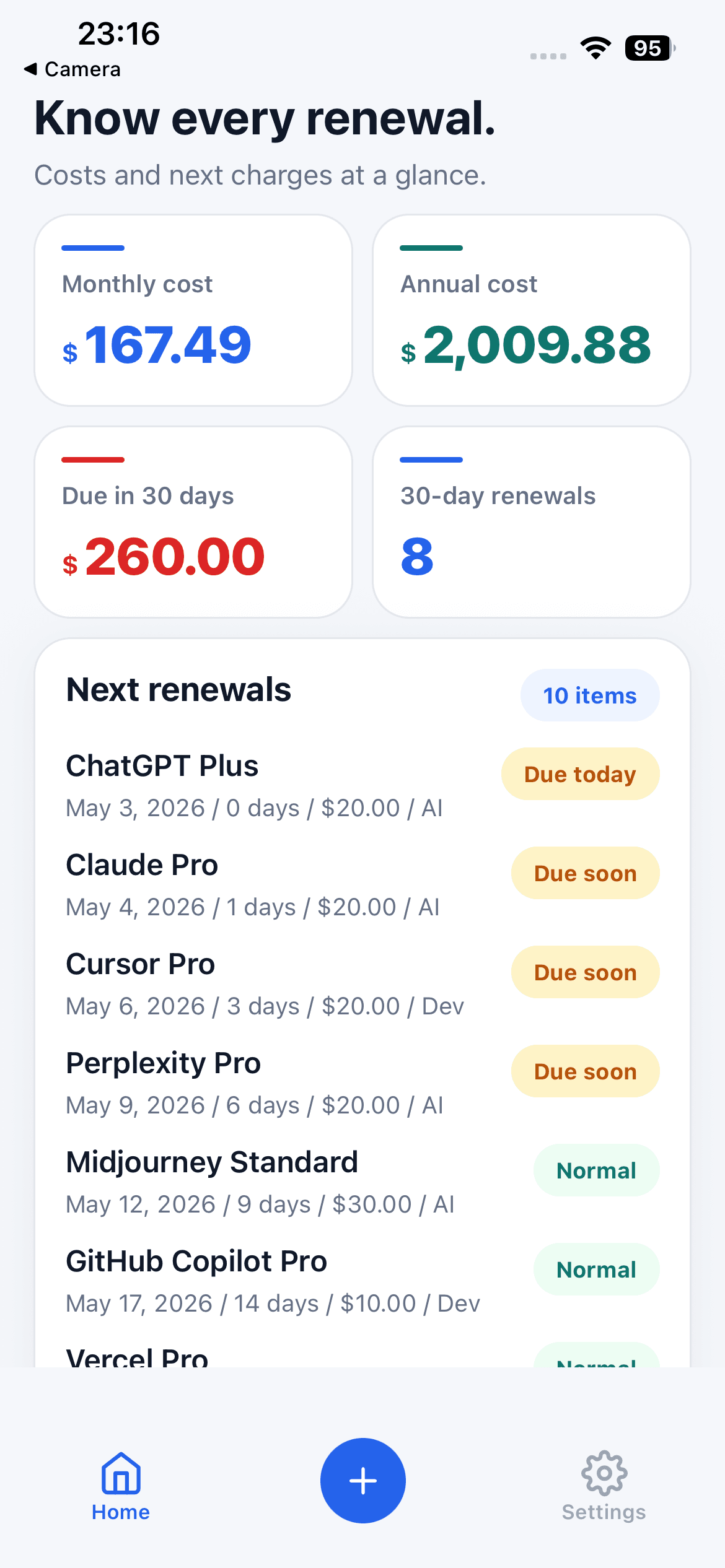 AI Subscription Planner dashboard with monthly cost, annual cost, and upcoming renewals