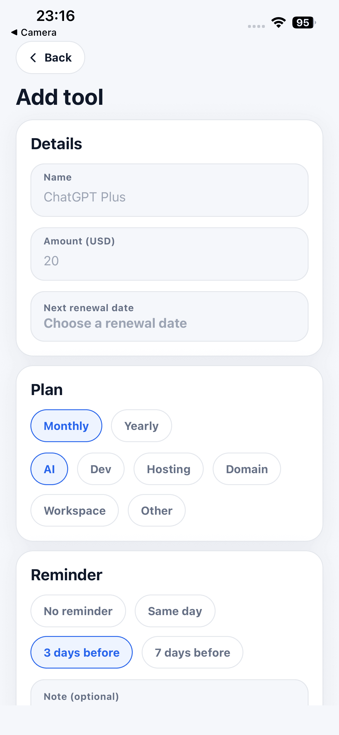 AI Subscription Planner add tool form with amount, billing cycle, category, and reminder options