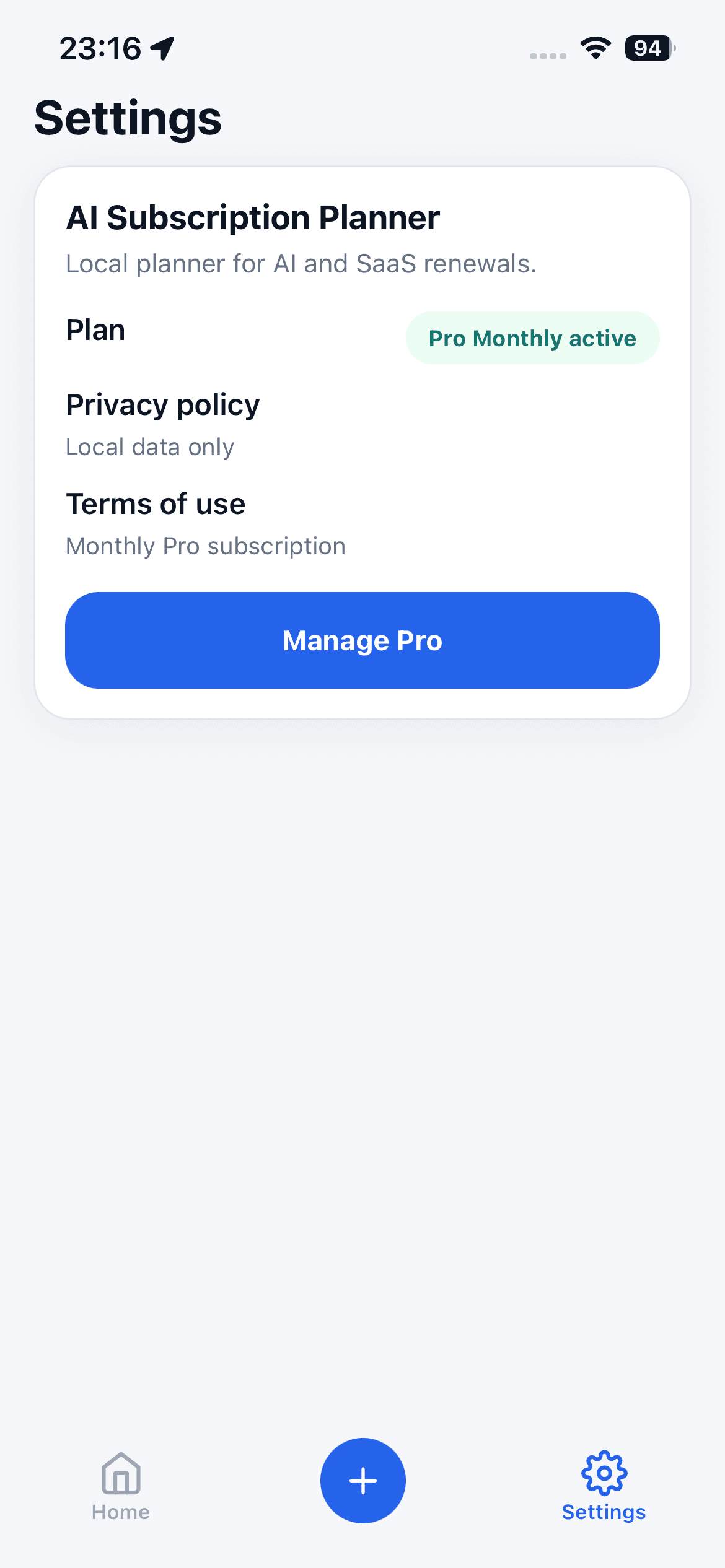 AI Subscription Planner settings showing local data and Pro subscription status