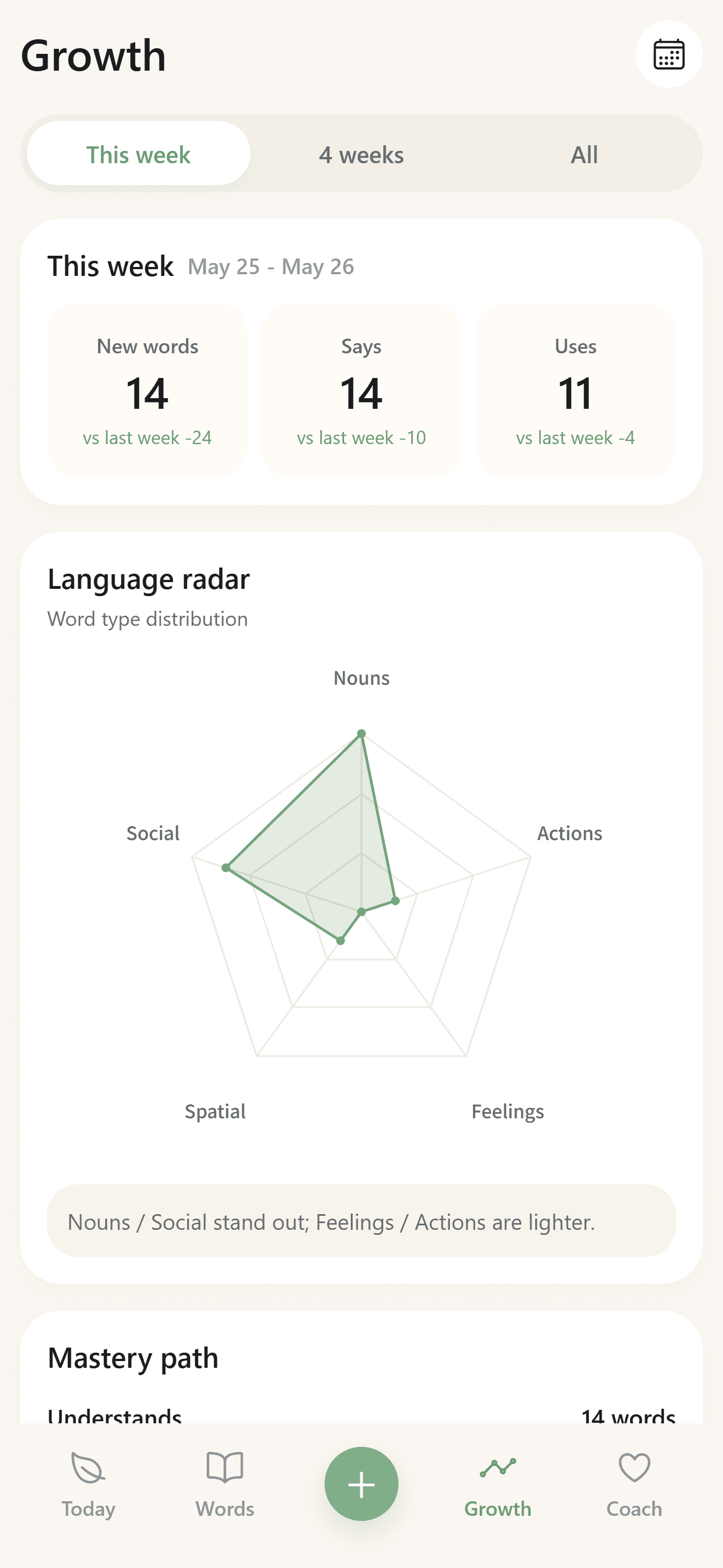 BabyTracker growth screen with weekly word summary, category radar, and mastery path