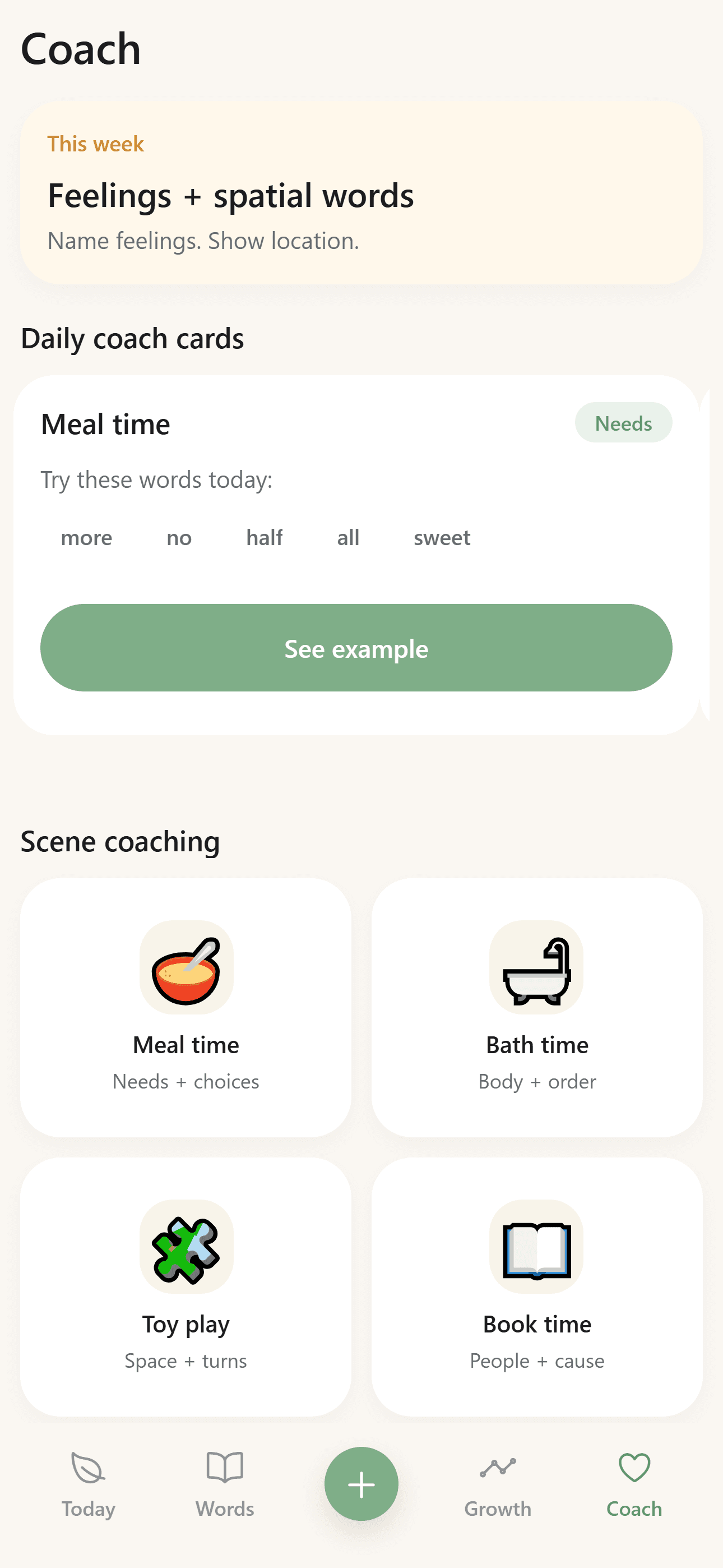 BabyTracker Coach screen with meal, bath, toy, and book language ideas