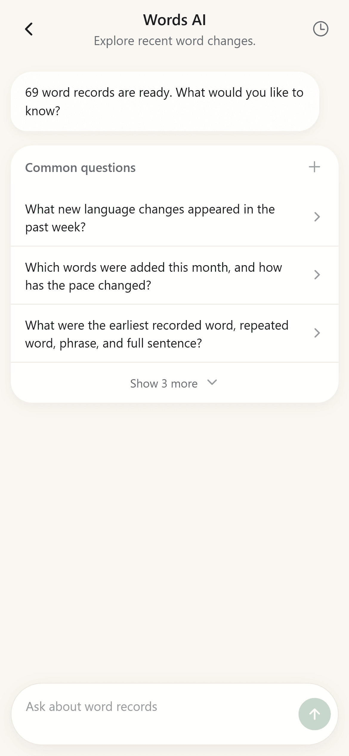 BabyTracker Words AI screen with record-grounded questions about recent word changes and monthly vocabulary