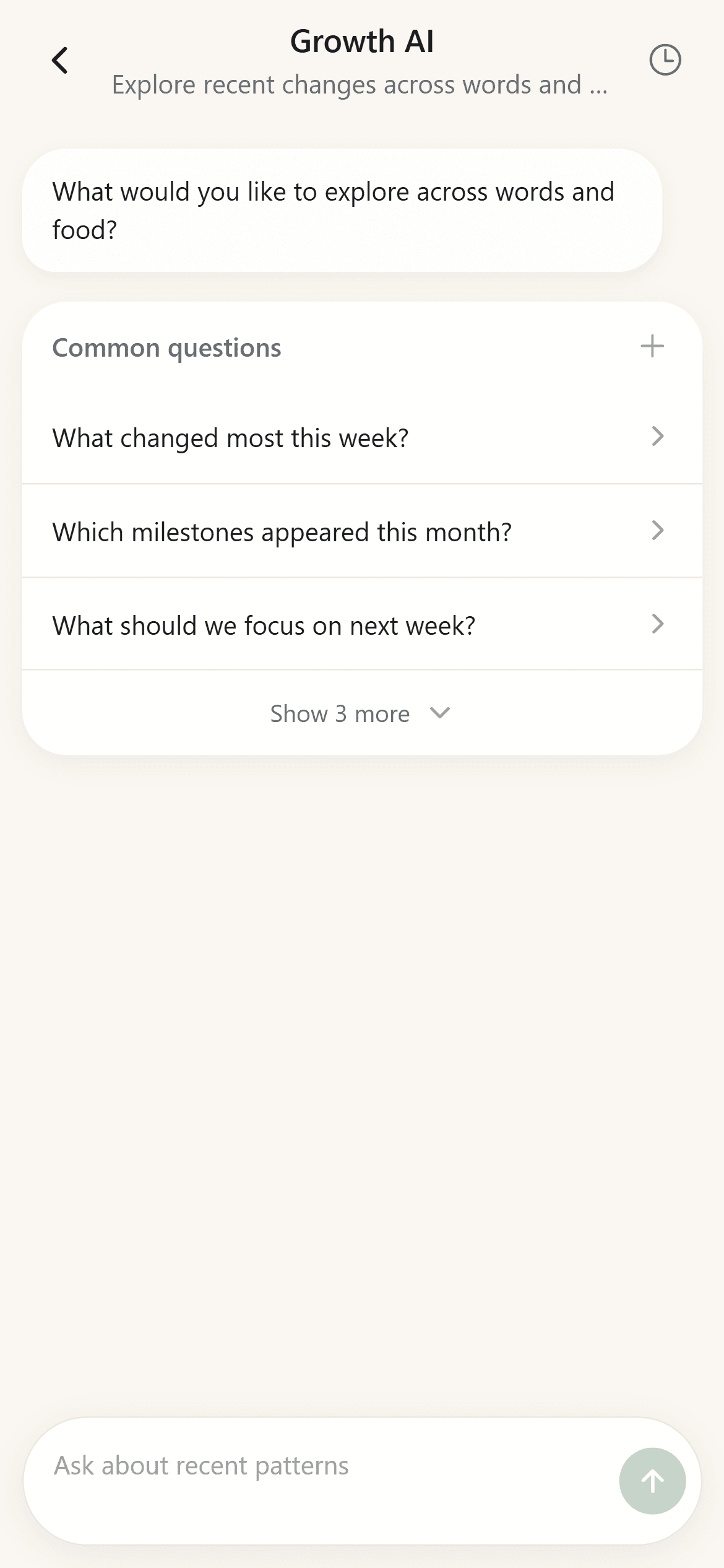 BabyTracker Growth AI screen with questions about weekly changes across words and food records