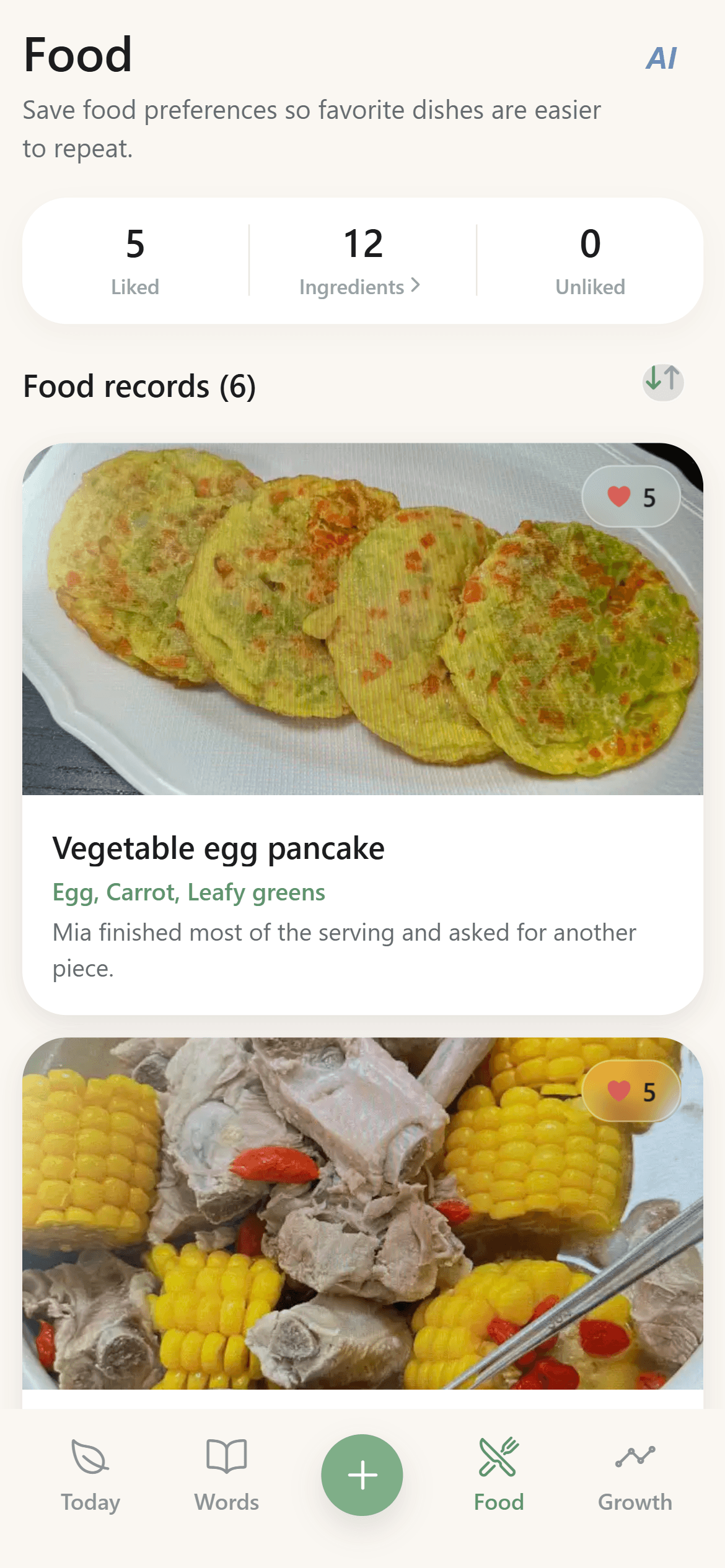BabyTracker food diary on iPhone with confirmed meal photos, response ratings, ingredients, and notes