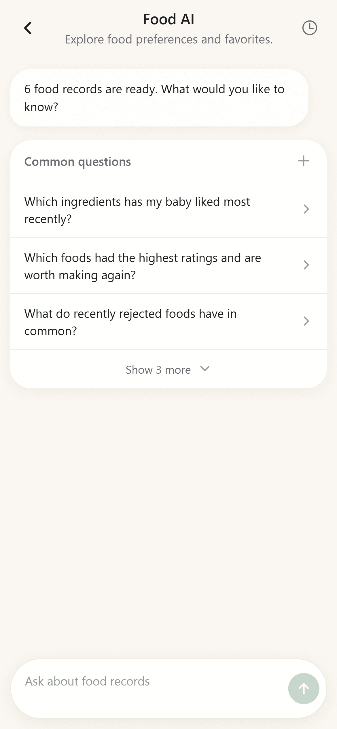 BabyTracker Food AI screen with record-grounded questions about ingredients, favorite dishes, and recently rejected foods