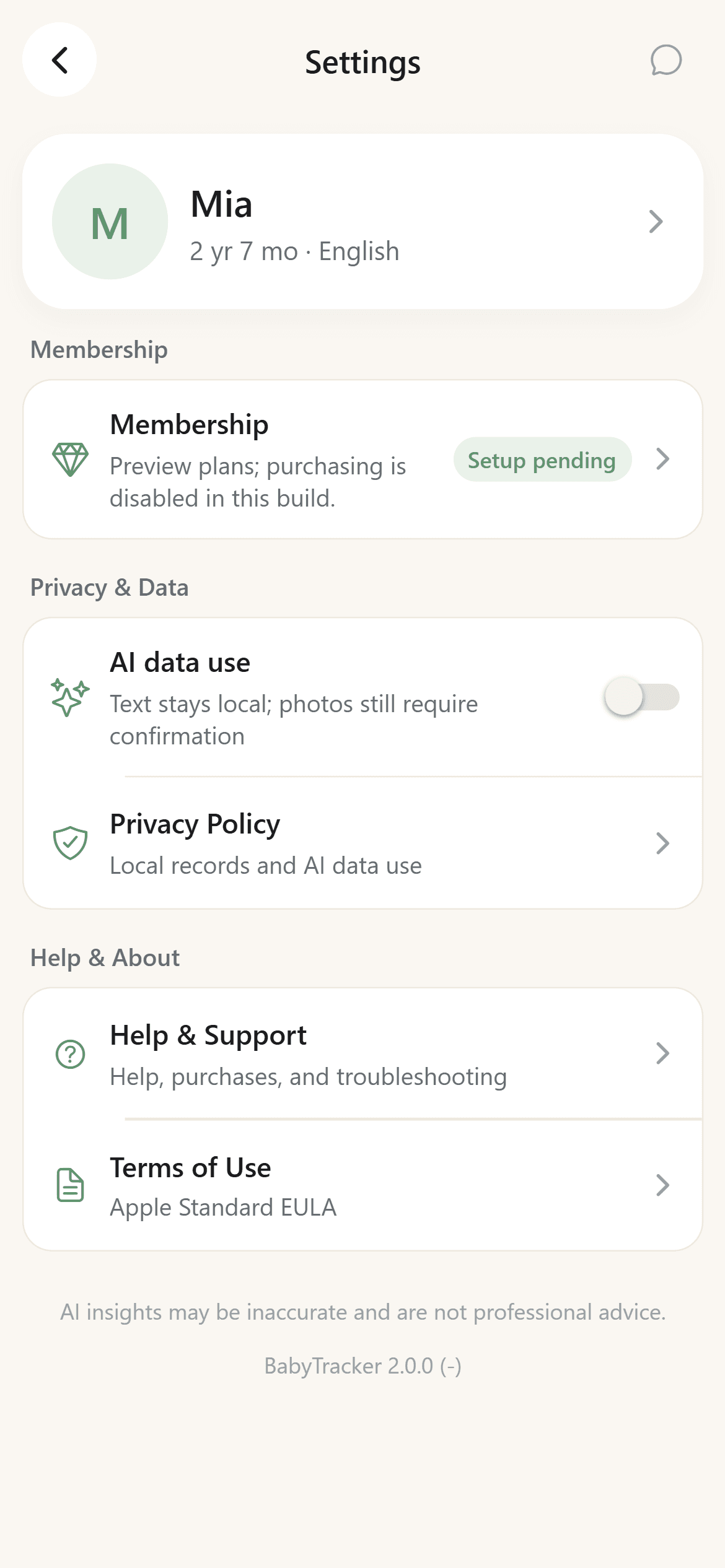 BabyTracker settings screen with AI data use control, privacy policy, support, and local records notice