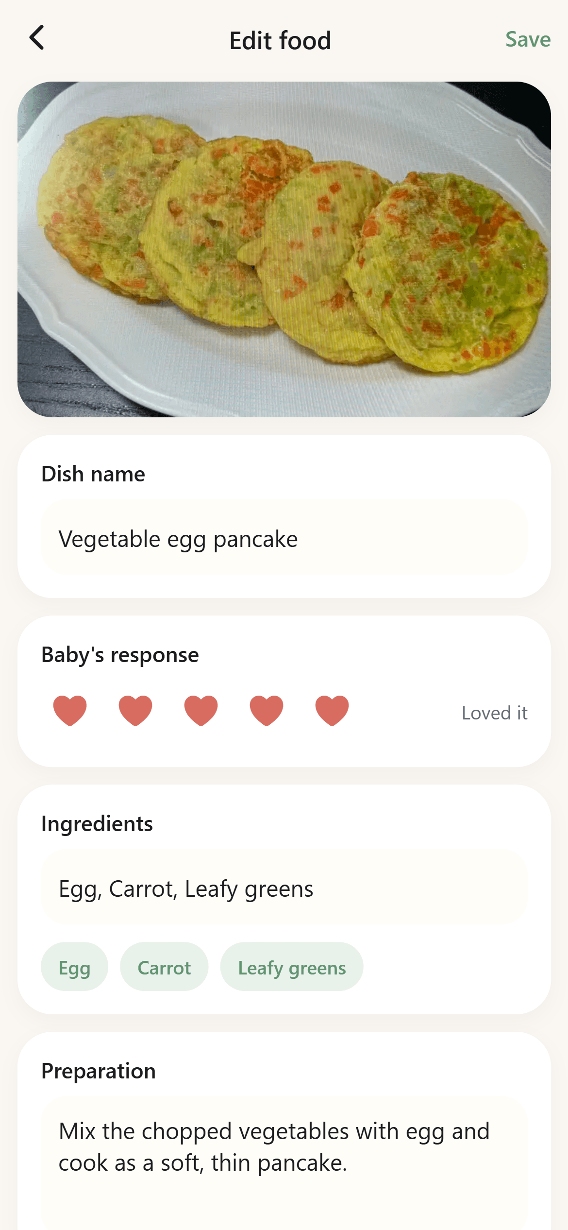 BabyTracker editable food record with meal photo, dish name, response rating, ingredients, and preparation fields