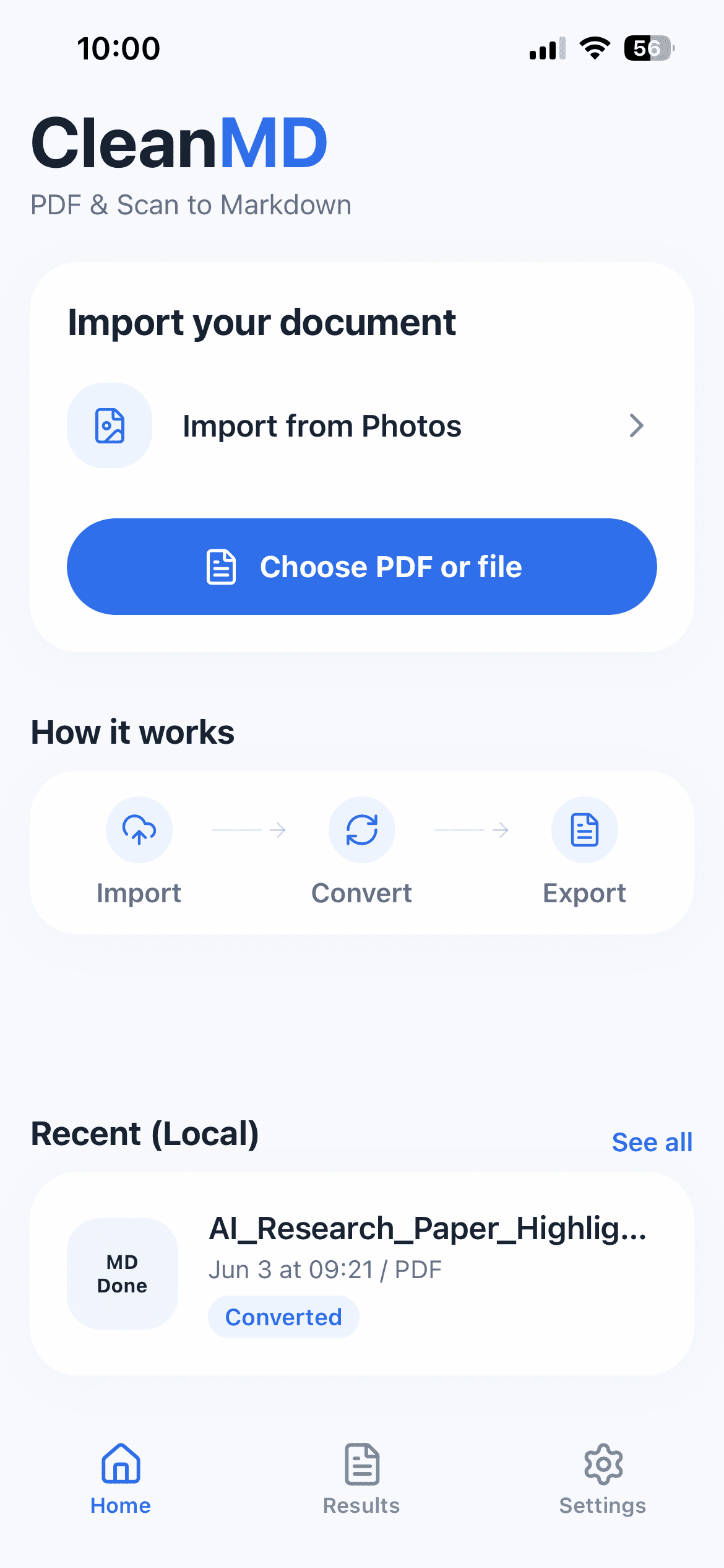 CleanMD iPhone import screen for PDFs, scans, and recent Markdown results
