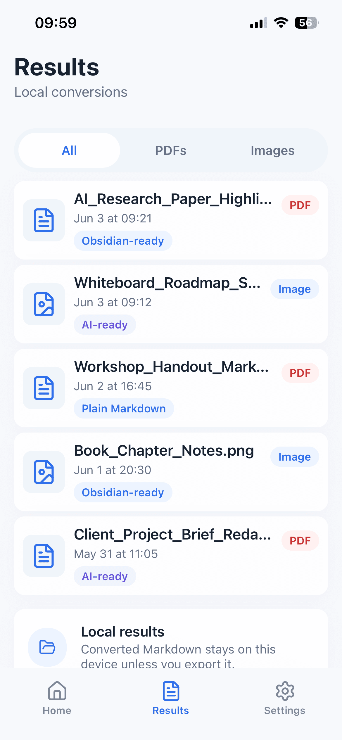 CleanMD results screen showing recent local Markdown conversions on iPhone