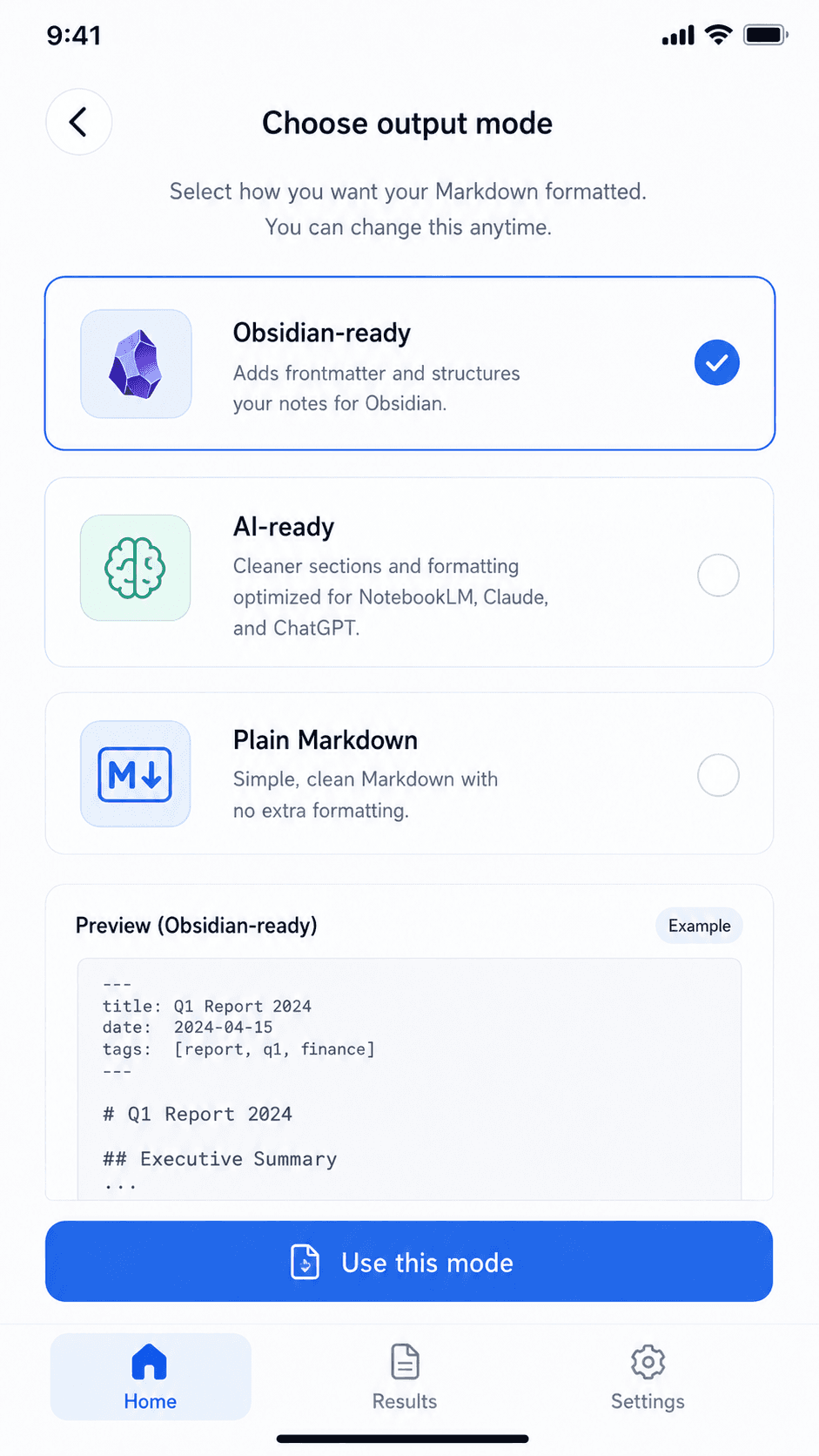 CleanMD output mode screen with Obsidian-ready, AI-ready, and plain Markdown choices