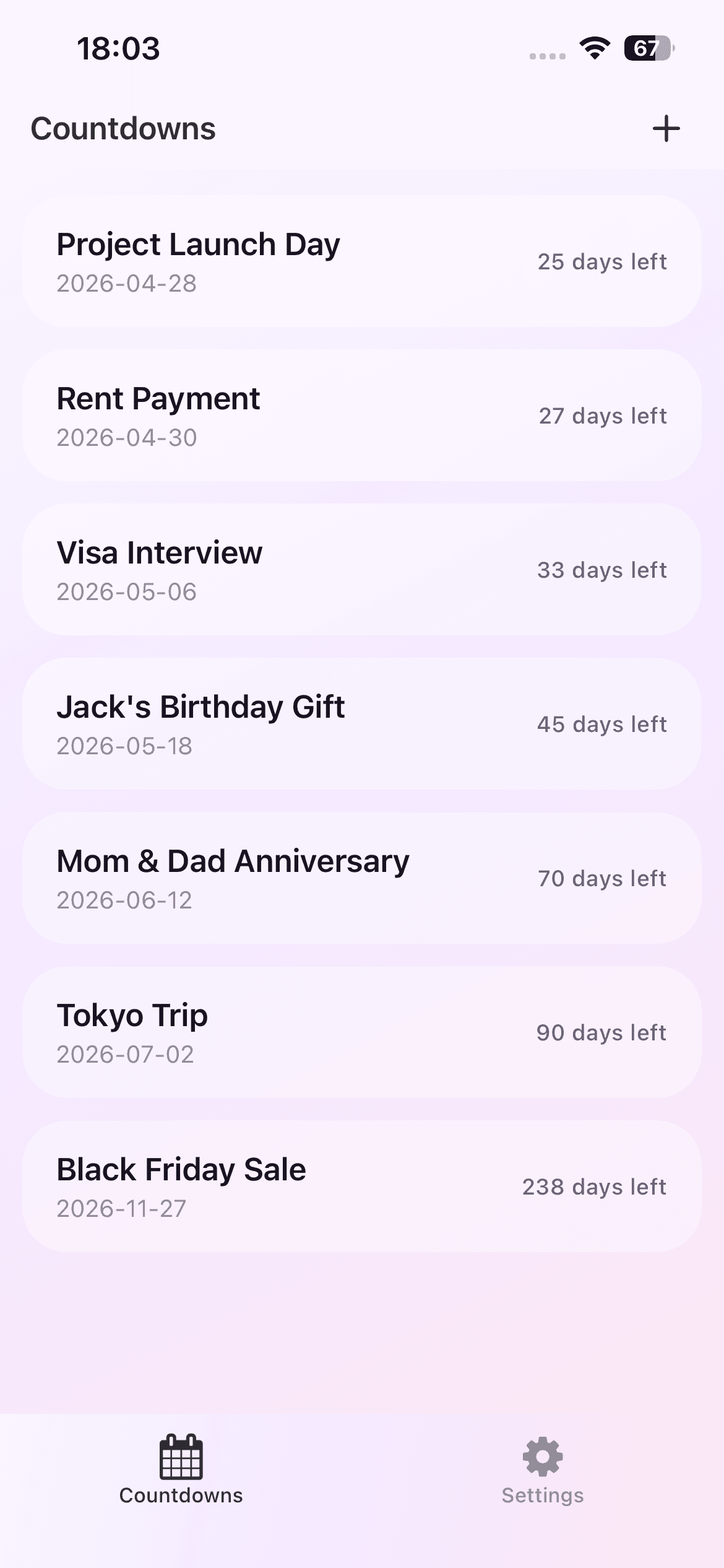 Date Countdown Lite event list showing upcoming dates and day countdowns on iPhone