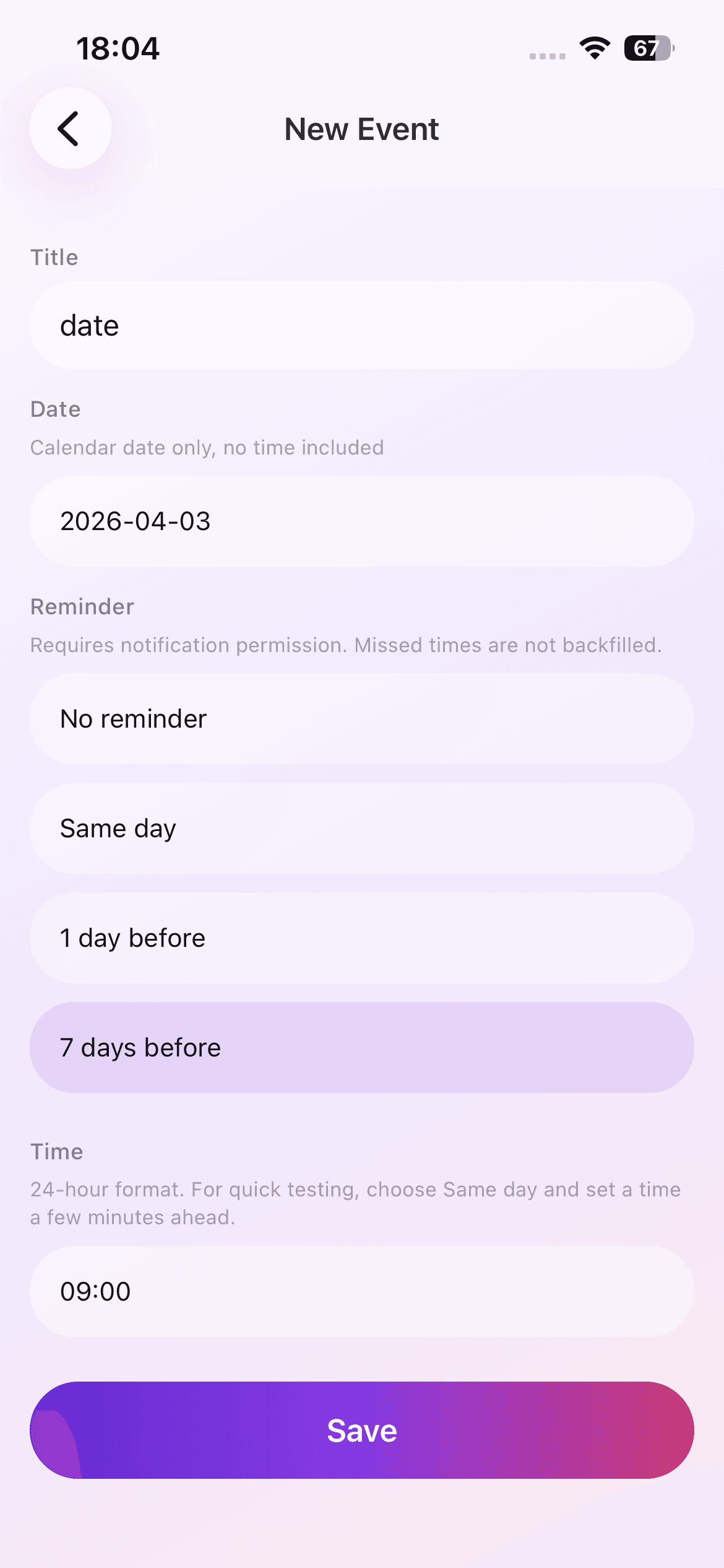 Date Countdown Lite new event form for adding an important date on iPhone