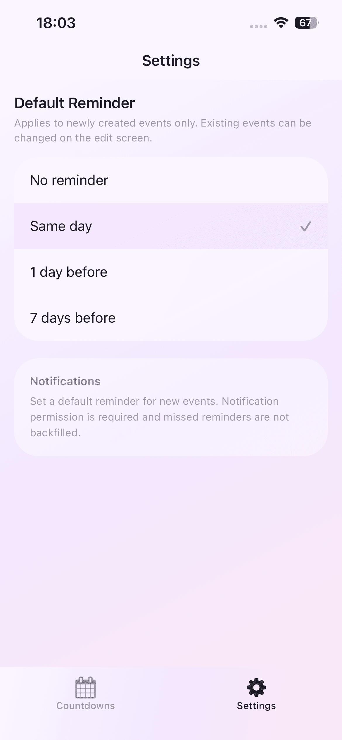 Date Countdown Lite local reminder options for an upcoming event on iPhone