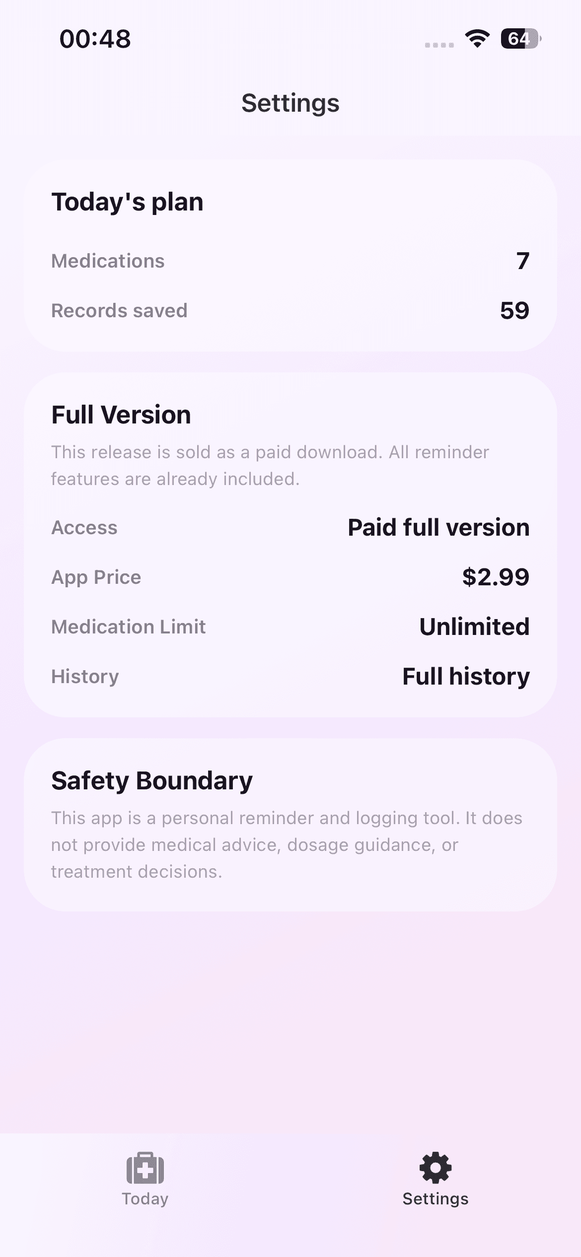 Dose Reminder Lite settings screen explaining local storage and its reminder-only safety boundary