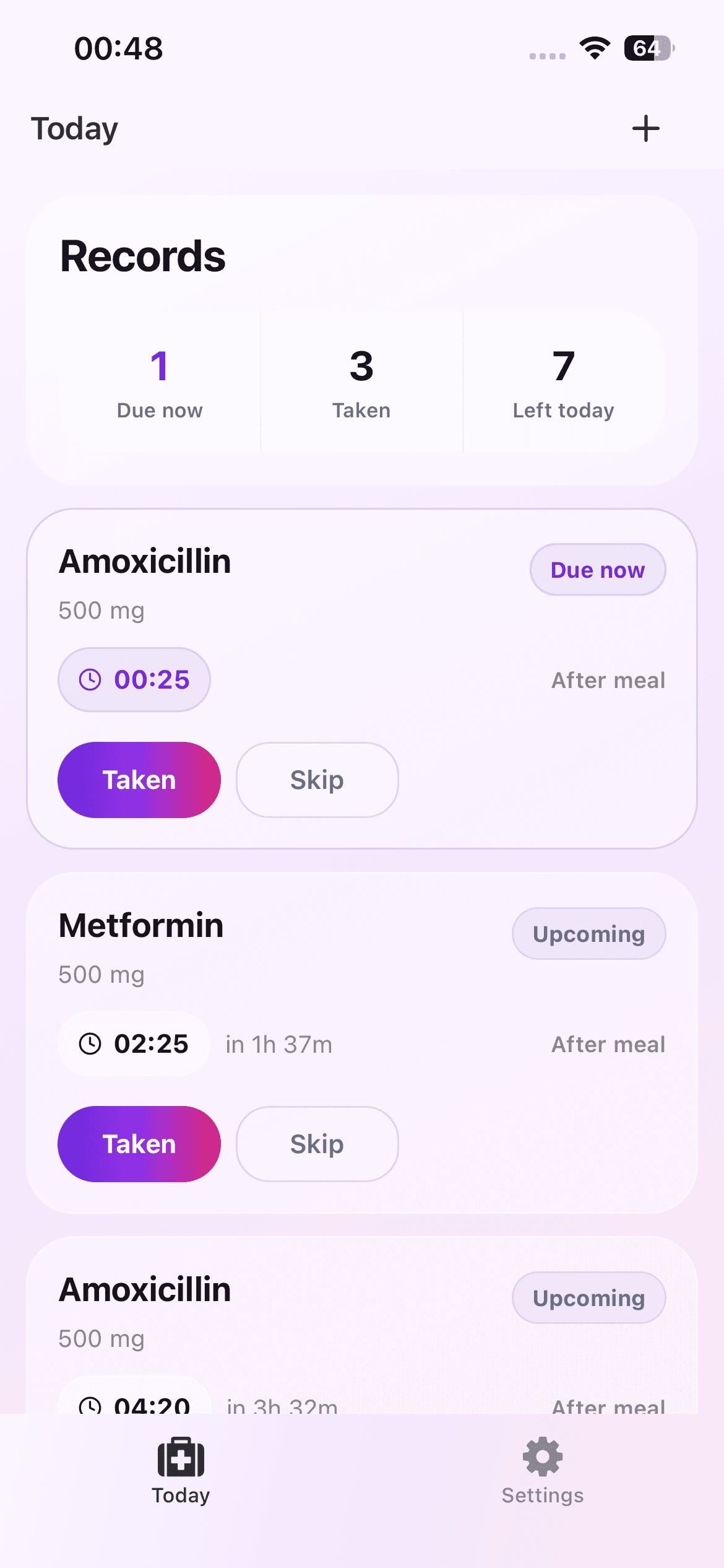 Dose Reminder Lite Today screen showing due, taken, and remaining medication reminders