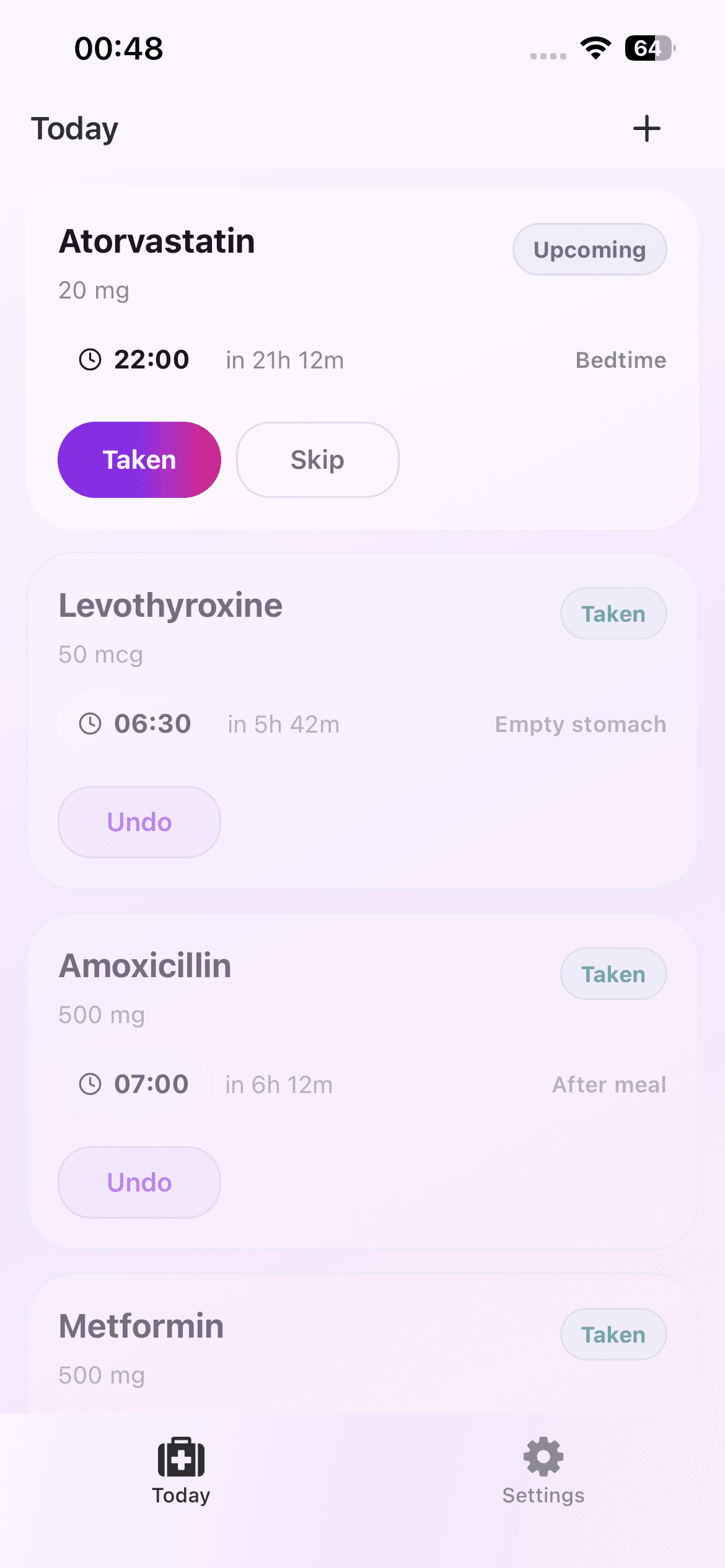 Dose Reminder Lite Today screen with taken and upcoming dose states