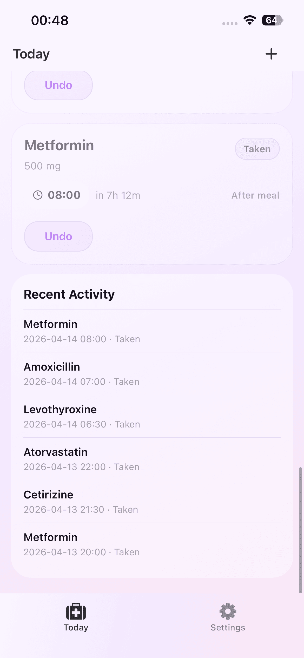 Dose Reminder Lite recent activity showing local taken and skipped medication records on iPhone