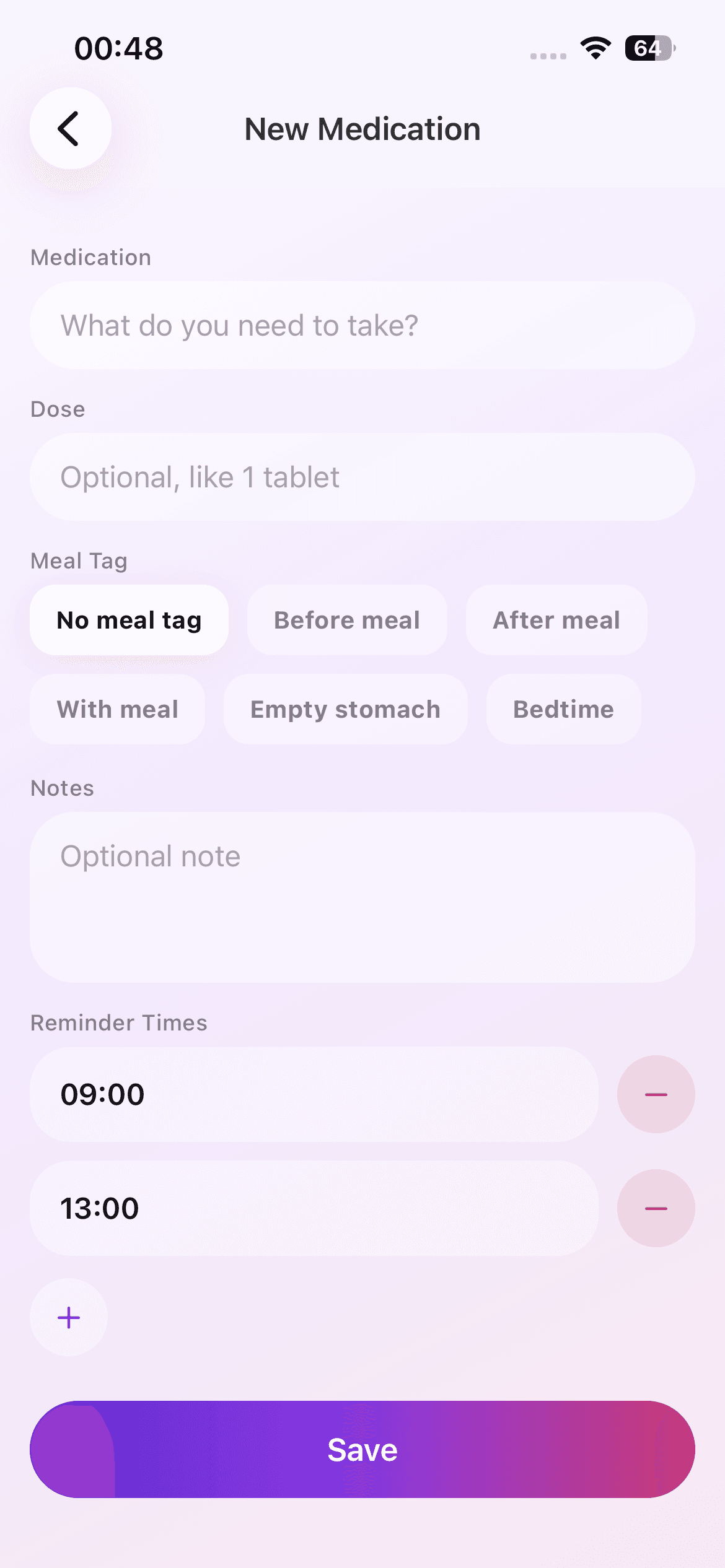 Dose Reminder Lite new medication form with multiple daily reminder times