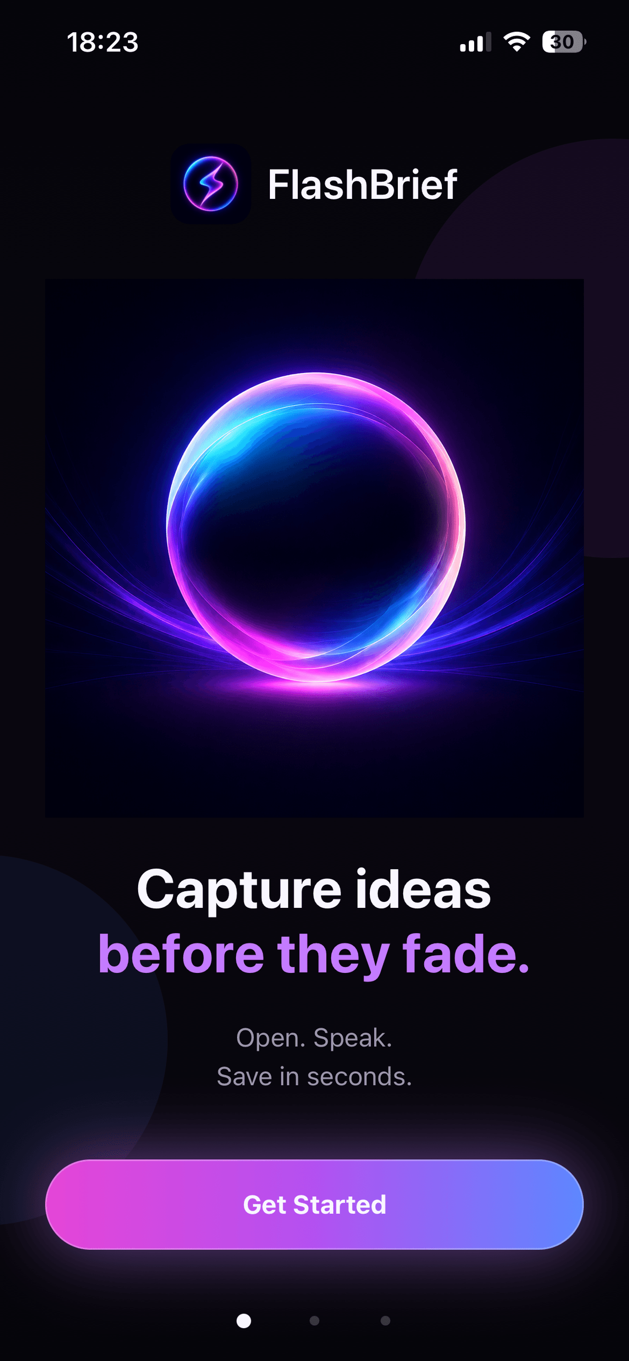 FlashBrief iPhone introduction screen describing fast local voice idea capture