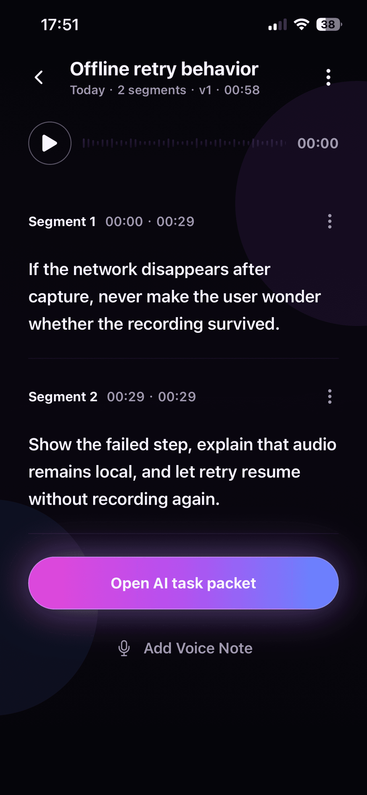 FlashBrief idea detail screen on iPhone with a saved recording and transcript retry state