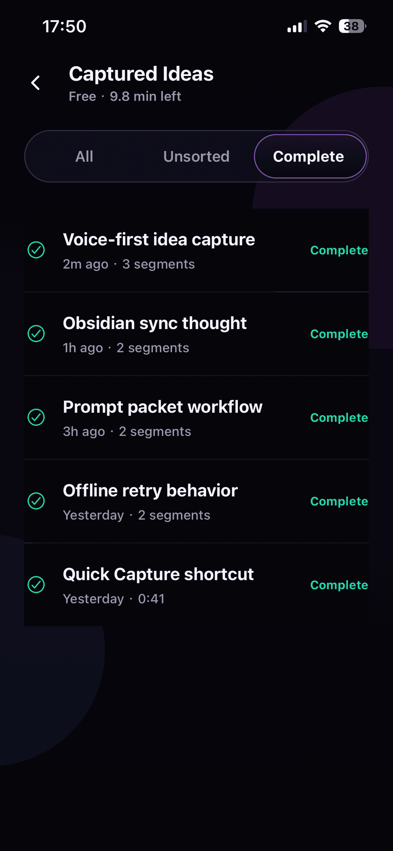 FlashBrief captured ideas list on iPhone showing saved voice notes ready for later review